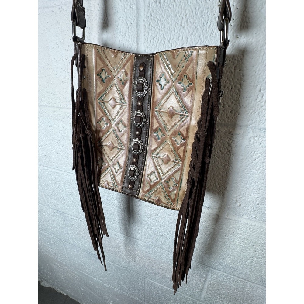 Trinity Ranch Western Crossbody Bag Fringe Aztec Tooled Concho Brown Purse READ
